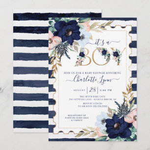 A Boy Navy Blue & Baby Shower赤面フローラ 招待状