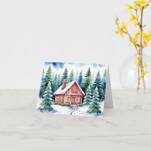 A Cabin Amidst Snowy Pines Christmas カード (黄色い花)