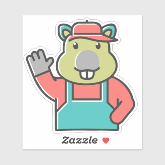 A Cartoon Funny Red Beaver Waves Left Hand. シール (シート)