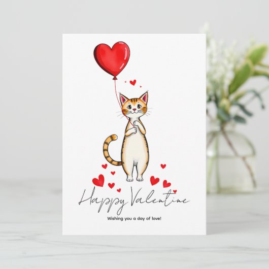 A Cat Holding a Heart Balloon Valentine Day カード (スタンド正面)