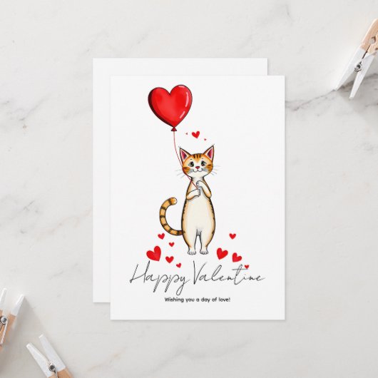 A Cat Holding a Heart Balloon Valentine Day カード (正面/裏面インサイチュ)