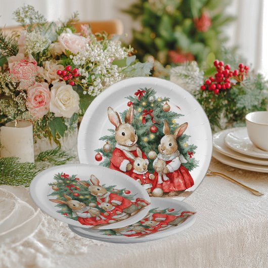 A cheerful family of rabbits under the New Year tr ペーパープレート