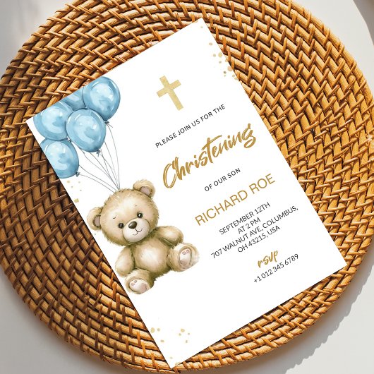 A christening Invitation features a teddy bear 招待状
