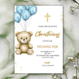 A christening Invitation features a teddy bear 招待状