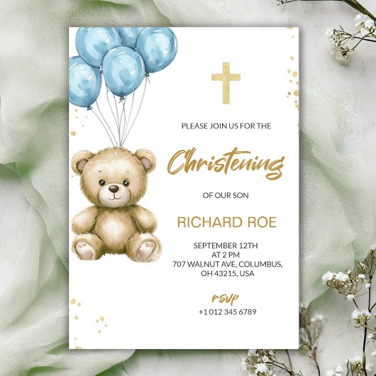 A christening Invitation features a teddy bear 招待状