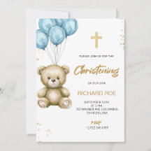 A christening Invitation features a teddy bear