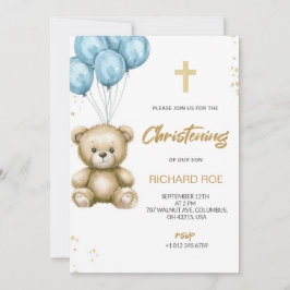 A christening Invitation features a teddy bear 招待状