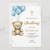 A christening Invitation features a teddy bear 招待状 (正面/裏面)