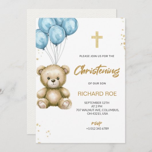 A christening Invitation features a teddy bear 招待状 (正面/裏面)