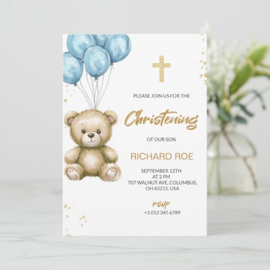 A christening Invitation features a teddy bear 招待状 (スタンド正面)