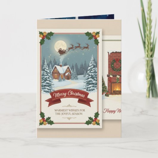 A Christmas card with snowy scenes, festive text,  カード (正面)