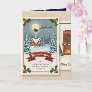 A Christmas card with snowy scenes, festive text, カード