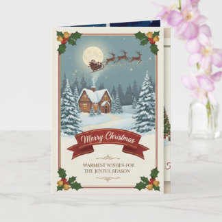 A Christmas card with snowy scenes, festive text, カード