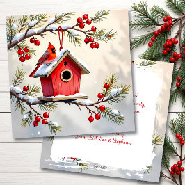 A Christmas Cardinal on a Birdhouse Personalized シーズンカード