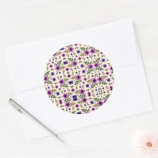 A circular floral pattern features purple and pink ラウンドシール (封筒)
