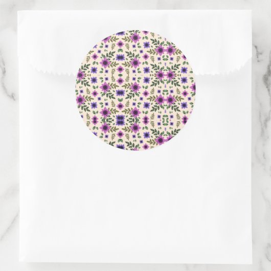 A circular floral pattern features purple and pink ラウンドシール (バッグ)