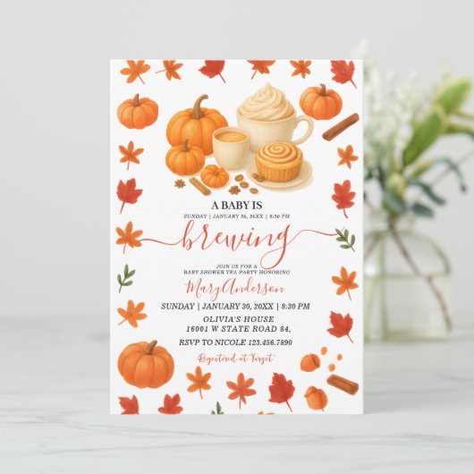 A coffee Pumpkin fall Autumn Brewing baby shower 招待状 (スタンド正面)