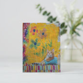 A Cool Ginger Kitty on Yellow Mixed Media Collage ポストカード (スタンド正面)