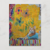 A Cool Ginger Kitty on Yellow Mixed Media Collage ポストカード (正面)