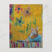 A Cool Ginger Kitty Yellow Floral Mixed Media ポストカード (正面)