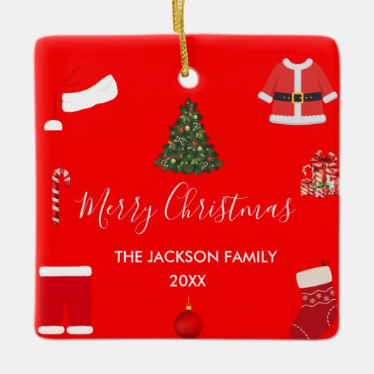 A Cozy Christmas Gathering Set on Warm Red セラミックオーナメント (正面)