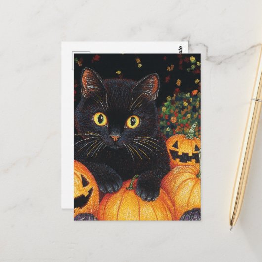 A Cute Black Cat in the Halloween Pumpkins ポストカード (正面/裏面インサイチュ)
