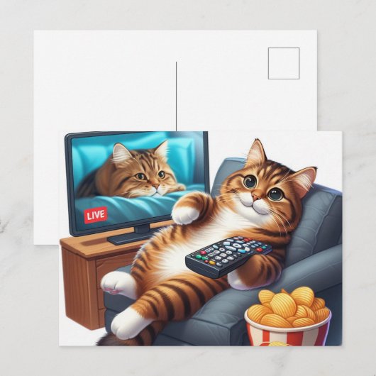 A Cute Couch Potato Cat Watches Television ポストカード (正面/裏面)