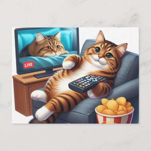A Cute Couch Potato Cat Watches Television ポストカード (正面)