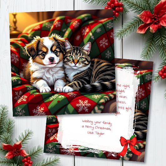 A Cute Festive Dog and Cat Personalized Christmas シーズンカード