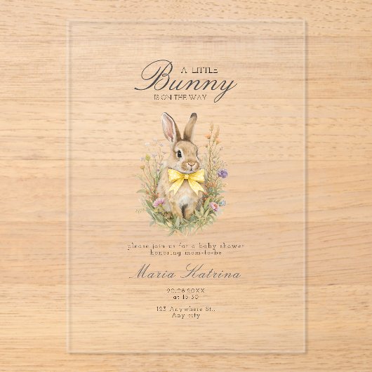 A cute little Floral Bunny Yellow Bow Baby Shower  アクリル招待状 (正面)