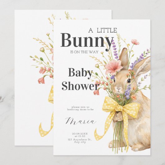 A cute little Floral Bunny Yellow Bow Baby Shower  招待状 (正面/裏面)
