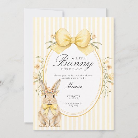 A cute little Floral Bunny Yellow Bow Baby Shower  招待状 (正面)
