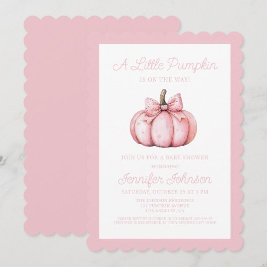 A Cute Little Pink Pumpkin Baby Shower 招待状 (正面/裏面)