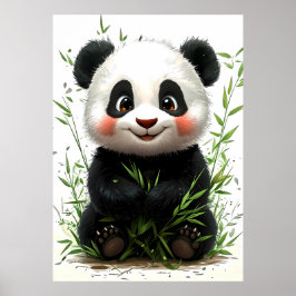 A cute panda with rosy cheeks sits happily ポスター