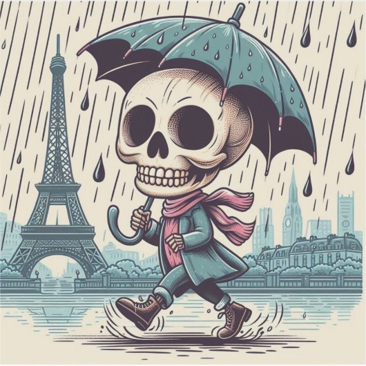 A cute skeleton in rainy Paris シール (正面)
