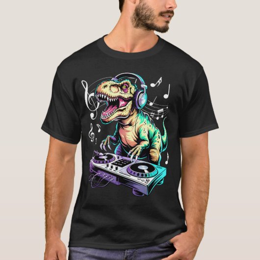 A Cute T-rex Playing Electronic Music Funny Dj Din Tシャツ (正面)