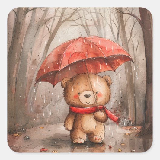 A Cute Teddy Bear in The Rain スクエアシール (正面)