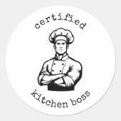 A dashing black monochromatic comic style of chef ラウンドシール (正面)