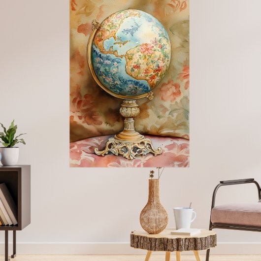 A decorative globe adorned with floral motifs ポスター (リビング3)