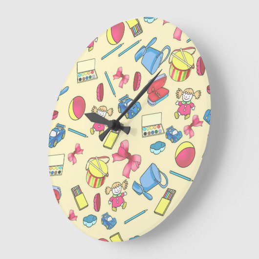 a delicate pattern of children's toys and objects ラージ壁時計 (傾斜)
