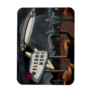 A desert vintage road sign and flying saucer. マグネット