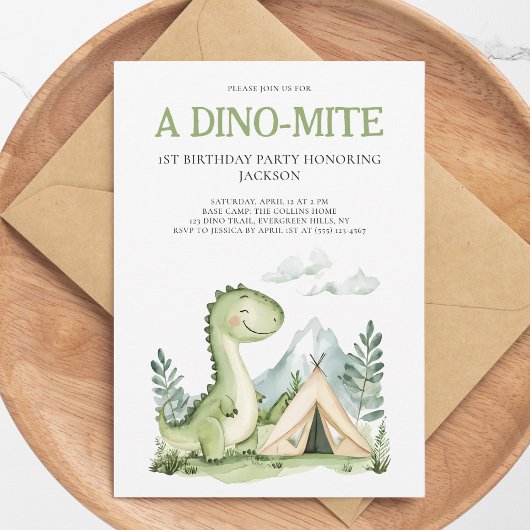 A Dino-mite Boys Green Dinosaur 1st Birthday Party 招待状
