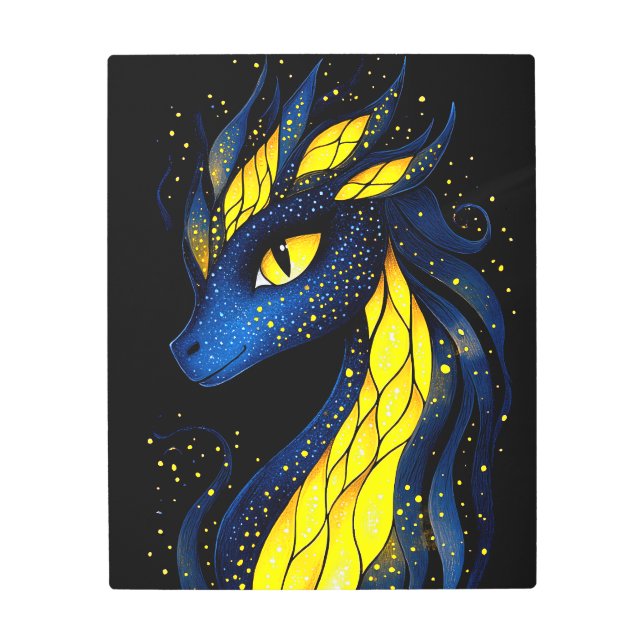 A dragon with glowing yellow scales メタルプリント (正面)