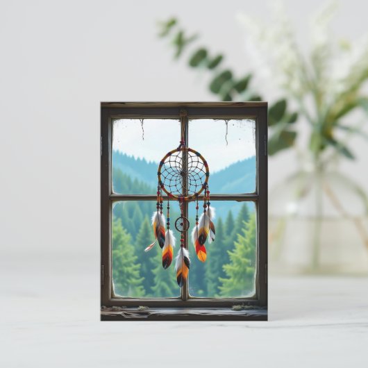 A Dreamcatcher in a Window overlooking Mountains ポストカード (スタンド正面)