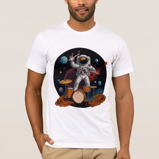 A drummer playing his drum-set on Planet Drums Tシャツ (正面)