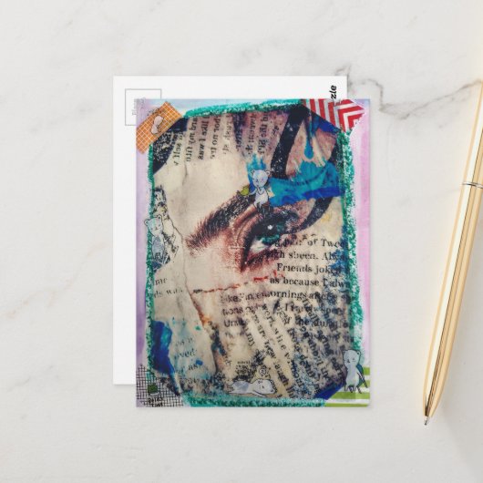 A face abstract mixed media collage ポストカード (正面/裏面インサイチュ)