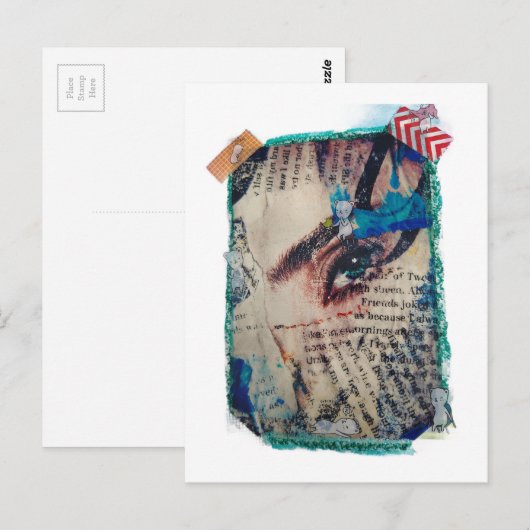 A face and words abstract mixed media collage ポストカード (正面/裏面)