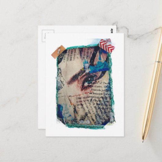 A face and words abstract mixed media collage ポストカード (正面/裏面インサイチュ)