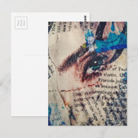 A face and words abstract mixed media collage ポストカード (正面/裏面)