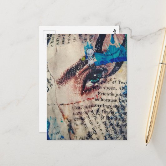 A face and words abstract mixed media collage ポストカード (正面/裏面インサイチュ)